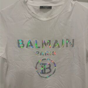 Balmain White Tee with Holographic Logo